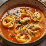 A bowl of rich Tomato Tortellini Soup garnished with fresh herbs.