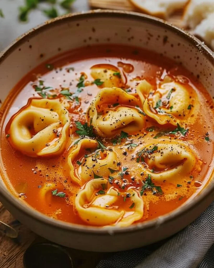 A bowl of rich Tomato Tortellini Soup garnished with fresh herbs.