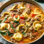 Bowl of delicious Sausage Tortellini Soup with herbs and vegetables