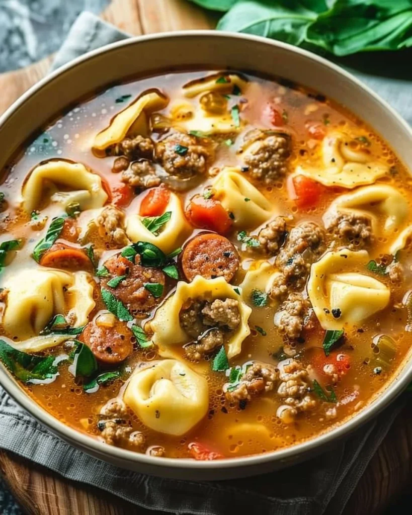 Bowl of delicious Sausage Tortellini Soup with herbs and vegetables