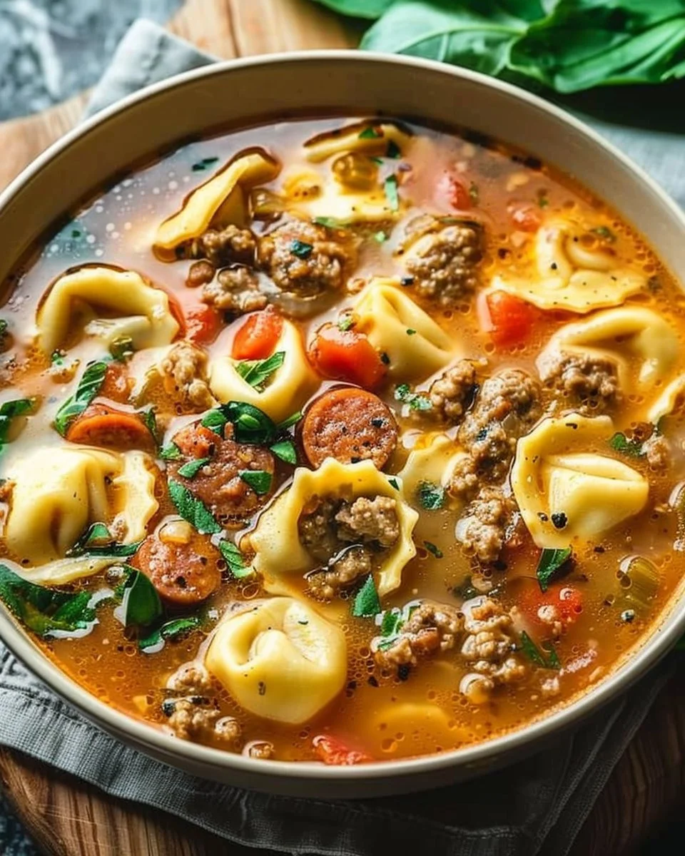 Bowl of delicious Sausage Tortellini Soup with herbs and vegetables