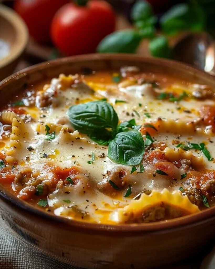 A delicious bowl of savory Italian lasagna soup topped with cheese and herbs.
