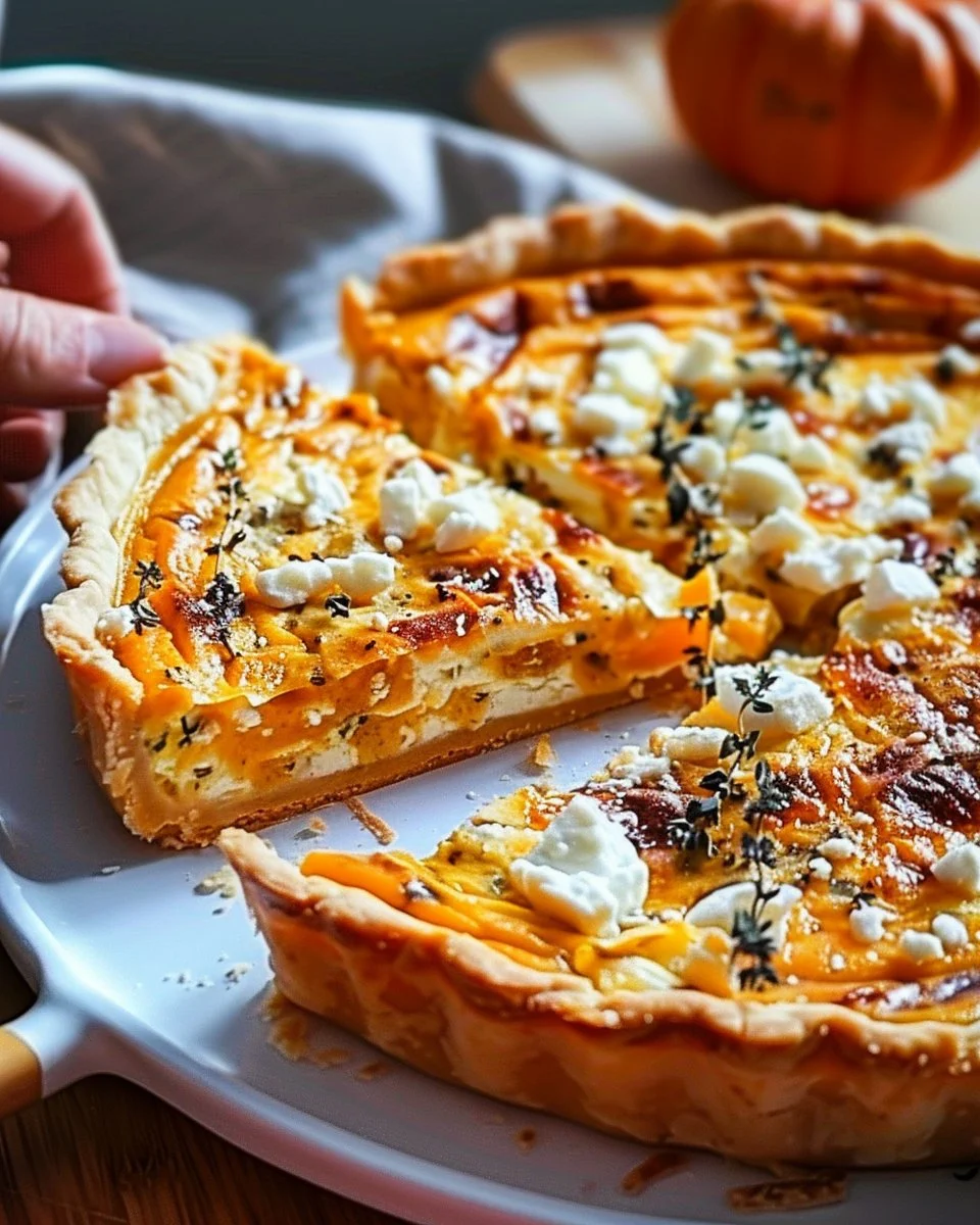 Savory pumpkin quiche with feta cheese and thyme on a rustic table setting