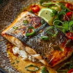 Delicious sea bass in miso coconut sauce served on a plate
