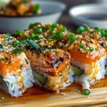 Delicious spicy salmon sushi bake topped with creamy ingredients and green onions