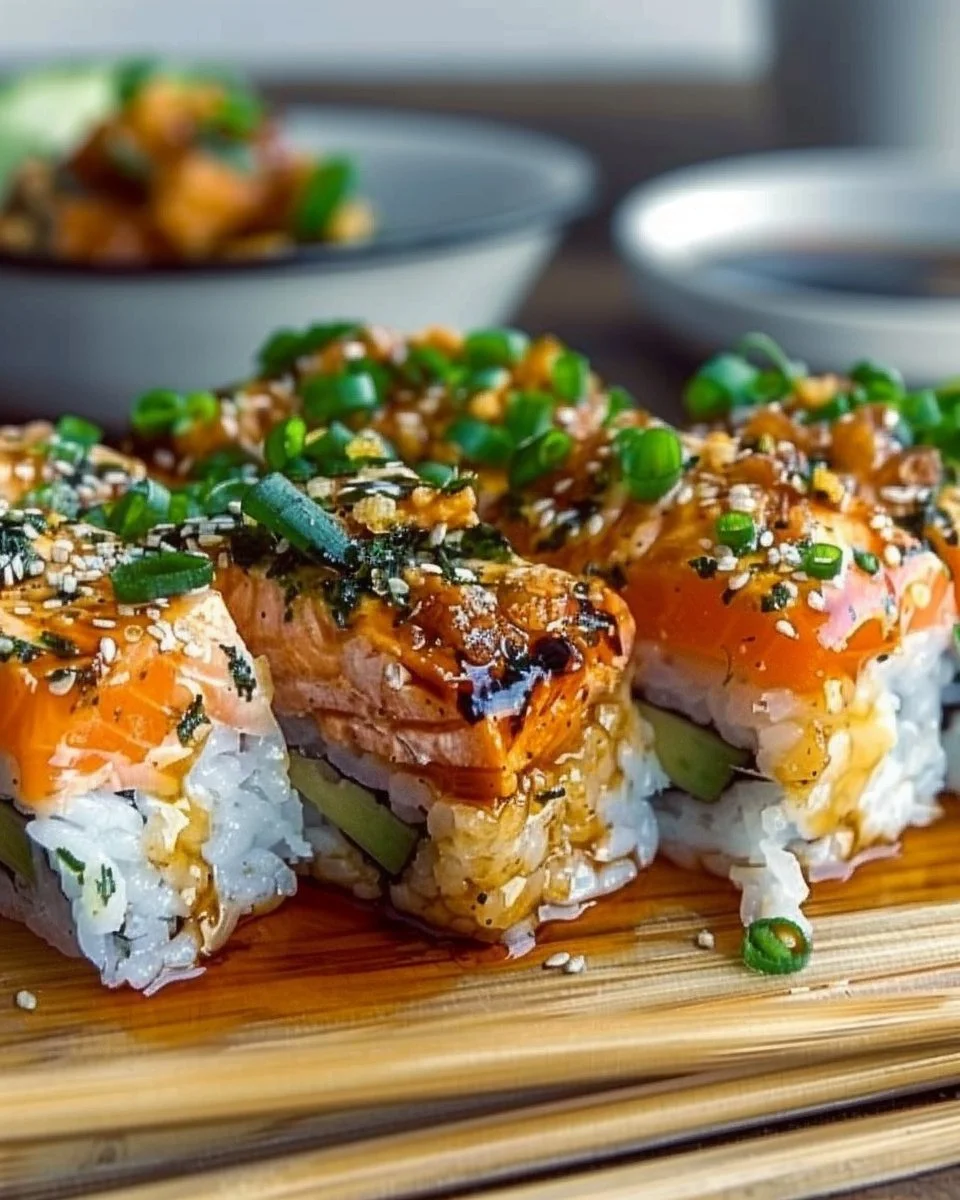 Delicious spicy salmon sushi bake topped with creamy ingredients and green onions