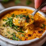 Bowl of delicious stuffed chile soup garnished with fresh herbs