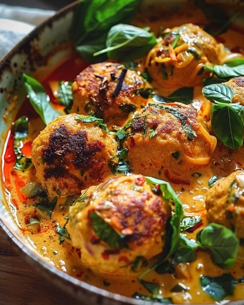 Thai Red Curry Chicken Meatballs served in a creamy coconut sauce with lemongrass
