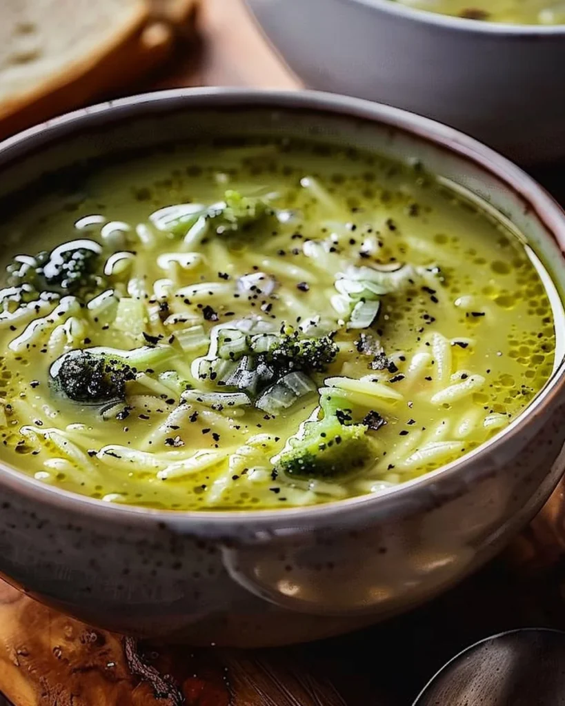 Bowl of warming Italian Broccoli Soup garnished with fresh herbs