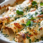 Creamy white chicken enchiladas topped with cheese and cilantro