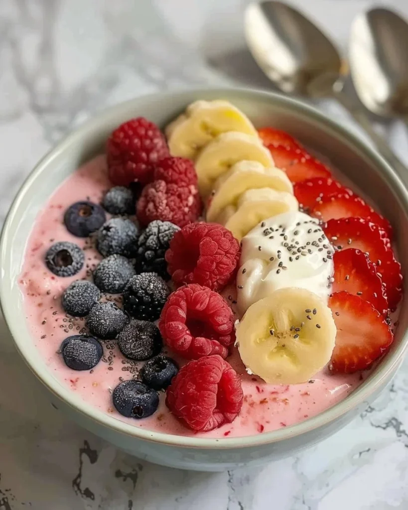 Colorful fruit smoothie bowl topped with Greek yogurt and fresh fruits