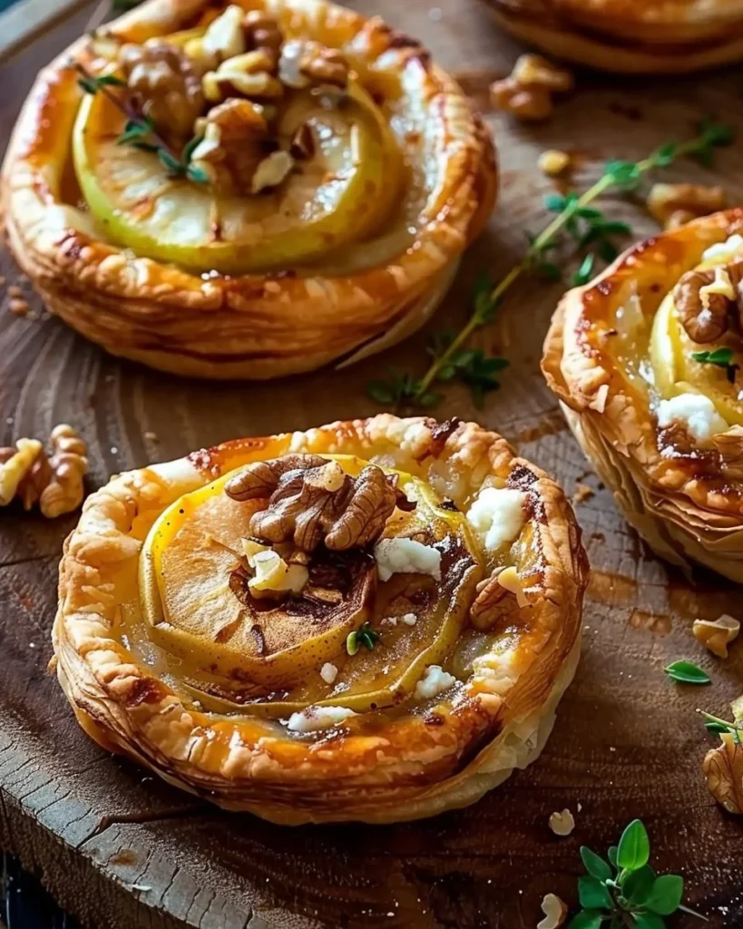 Apple, pear & goat cheese puff pastry tarts with toasted walnuts