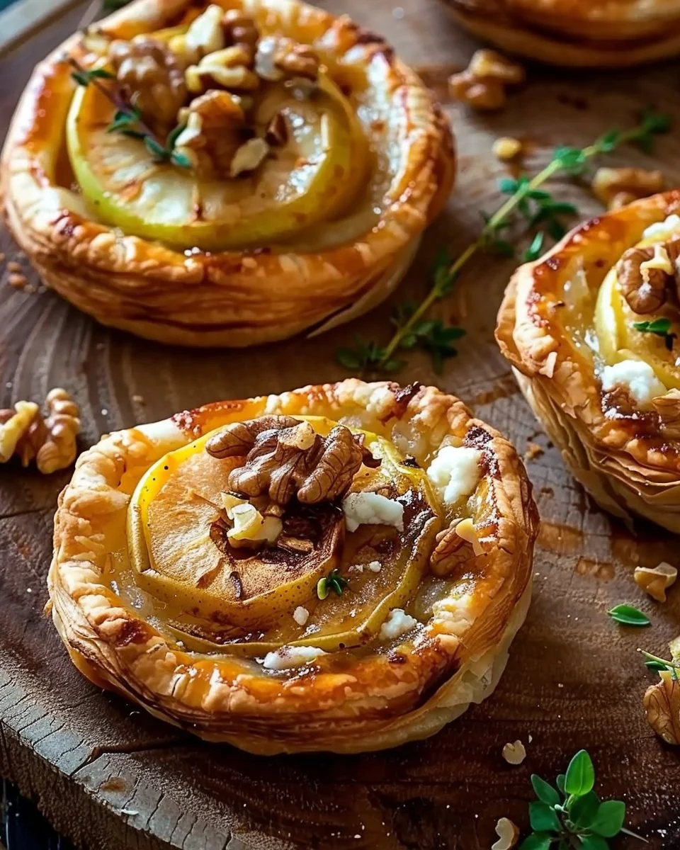 Apple, pear & goat cheese puff pastry tarts with toasted walnuts