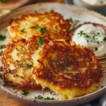 A plate of authentic German potato pancakes topped with applesauce.