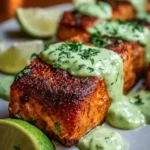 Baked Cajun salmon fillet garnished with avocado lime sauce
