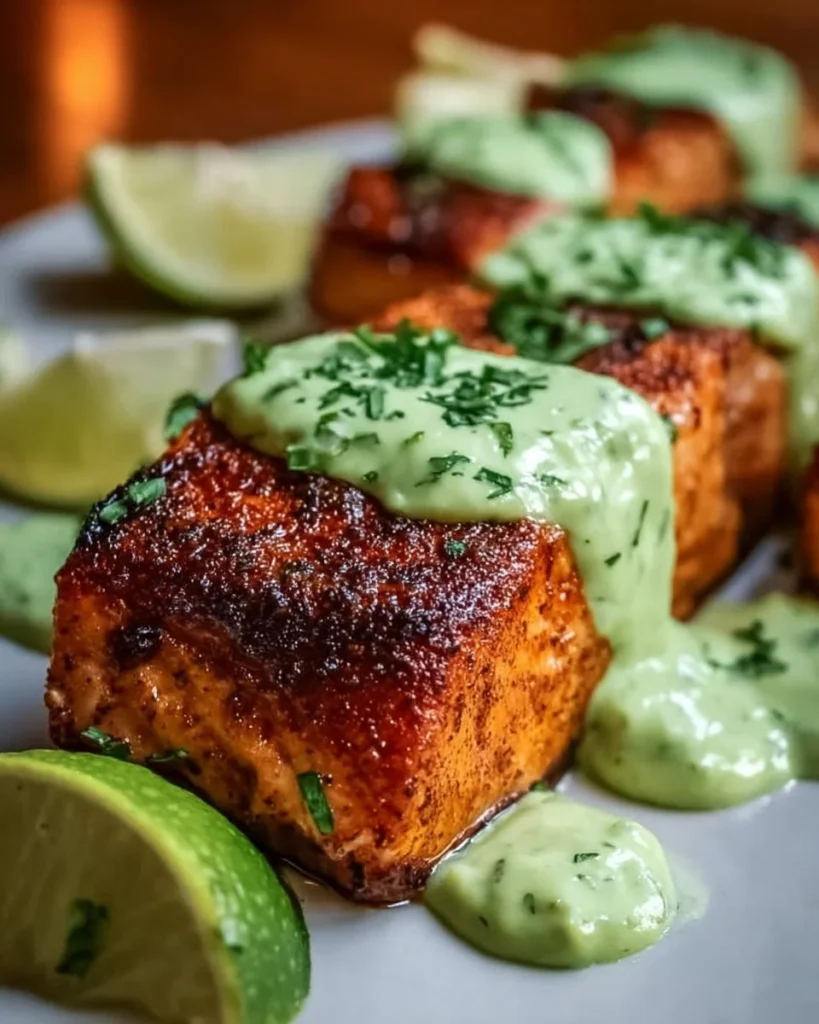 Baked Cajun salmon fillet garnished with avocado lime sauce