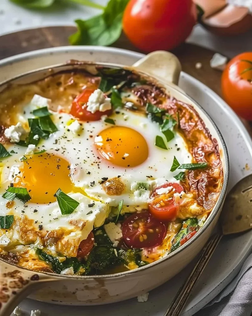 Baked feta eggs with tomatoes and spinach in a ceramic dish
