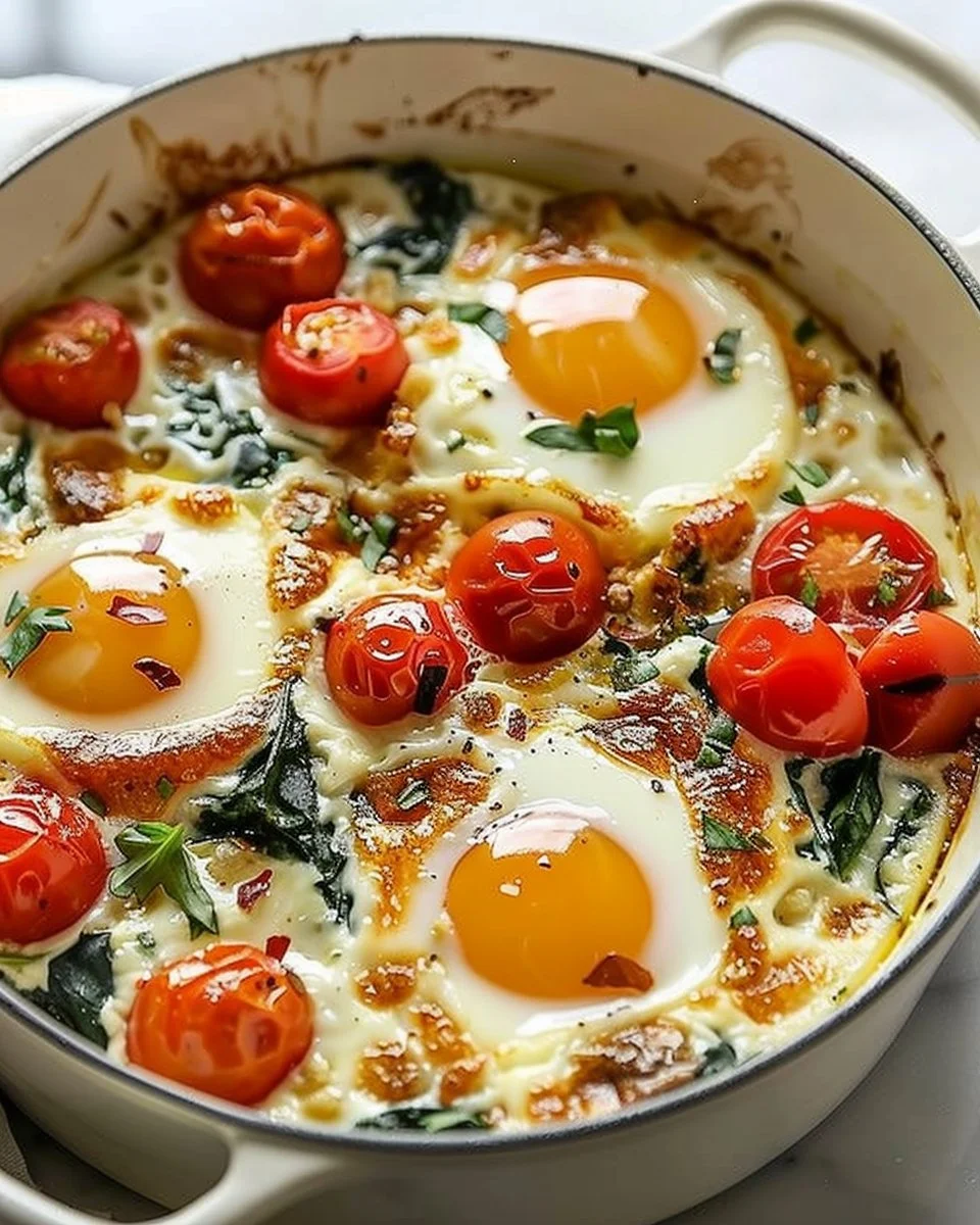 Baked Feta Eggs with Tomatoes and Spinach 2 Baked Feta Eggs with Tomatoes and Spinach