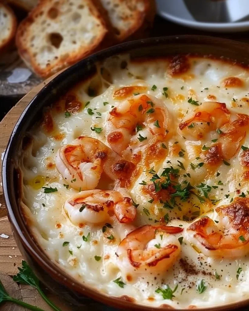 Delicious baked shrimp dip served in a dish, perfect for appetizers.
