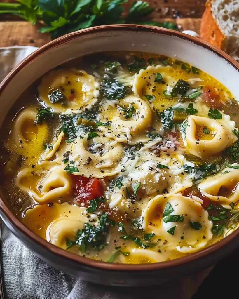 Delicious bowl of veggie tortellini soup garnished with fresh herbs