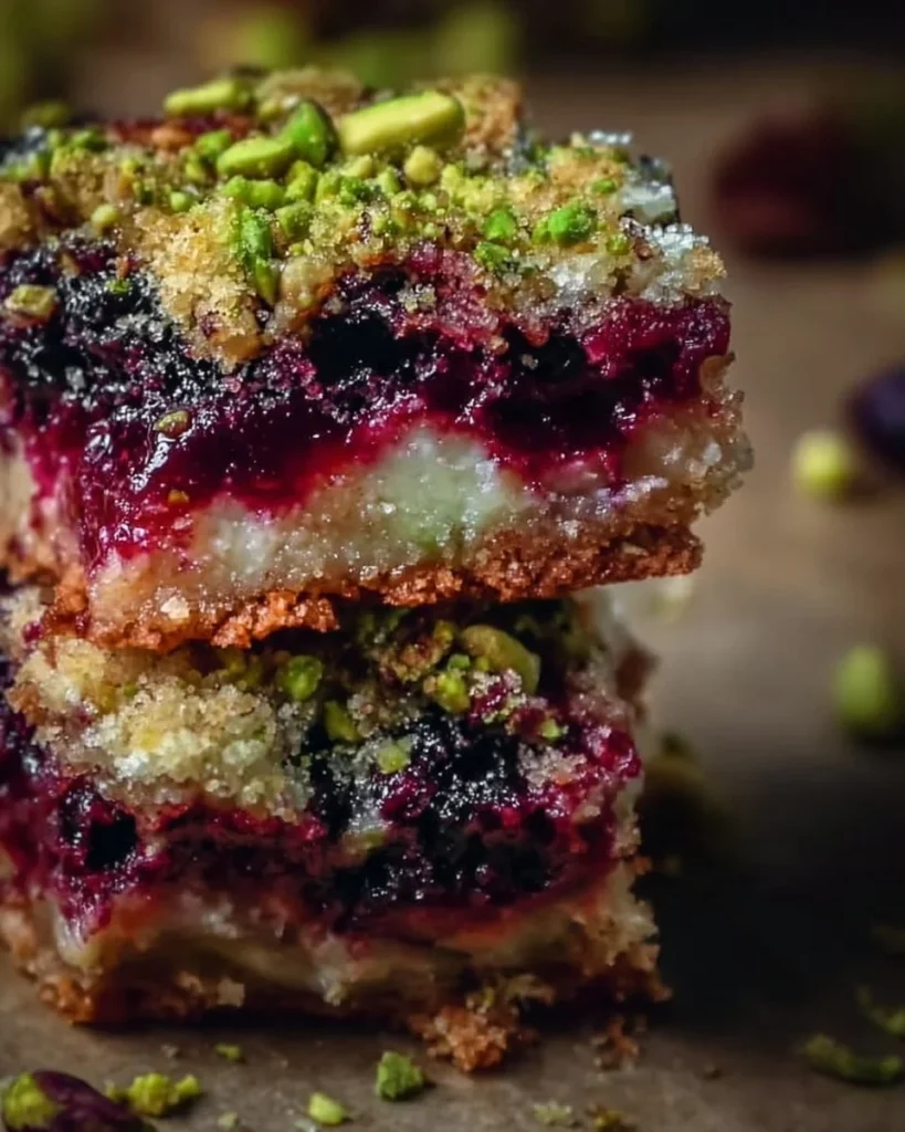 Delicious Blackberry Pistachio Dream Bars with fresh blackberries and pistachios