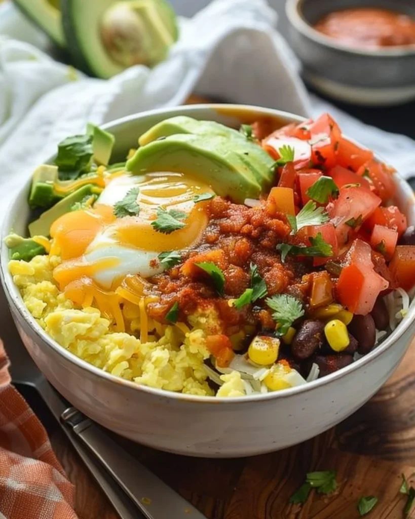 Delicious breakfast burrito bowl filled with eggs, cheese, and fresh vegetables.