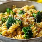 Plate of Broccoli Chickpea Pasta drizzled with Garlic Olive Oil