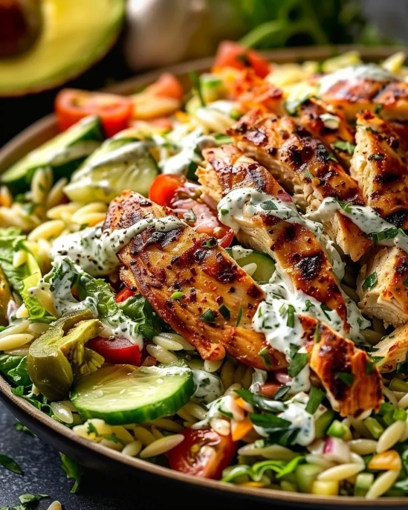 Cajun Chicken Orzo Salad with creamy dressing in a bowl
