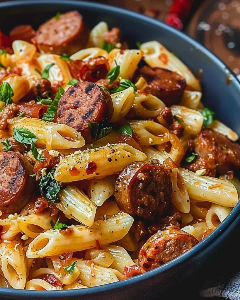 Delicious Cajun Sausage Pasta served in a bowl with herbs and spices.