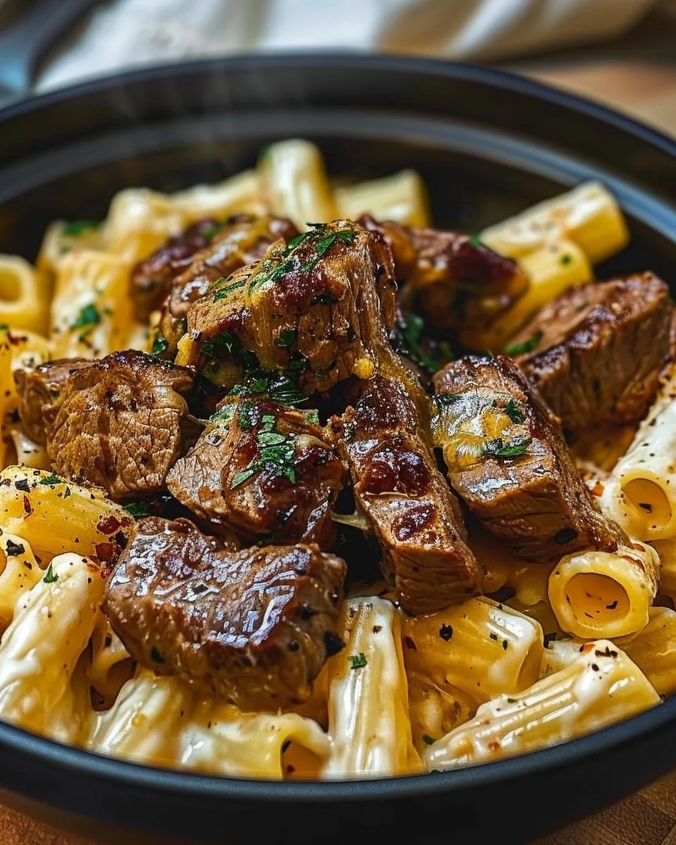 Delicious Cajun Steak Tips served with cheesy rigatoni for a flavorful meal