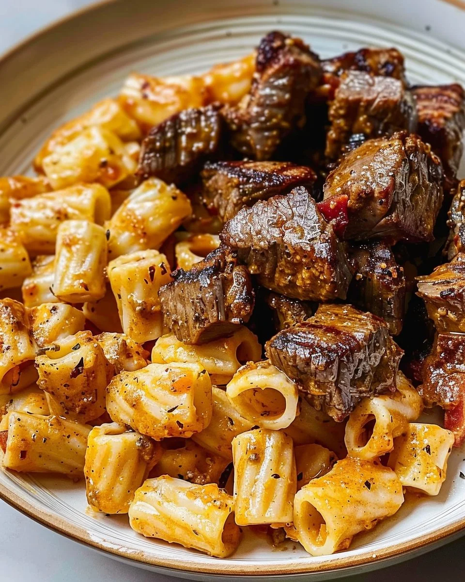 Cajun Steak Tips with Cheesy Rigatoni