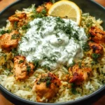 Delicious Chicken Tzatziki Rice bowl with grilled chicken and creamy sauce
