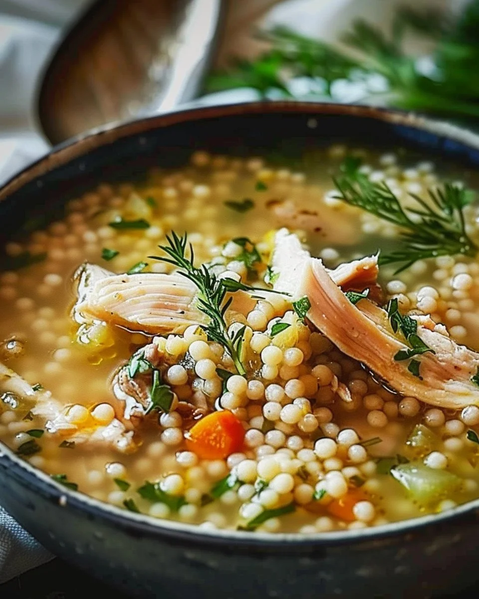 Bowl of Chicken Soup with pearl couscous, garnished with fresh herbs.