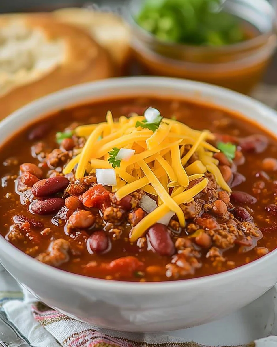 Bowl of homemade copycat Wendy's chili topped with cheese and onions
