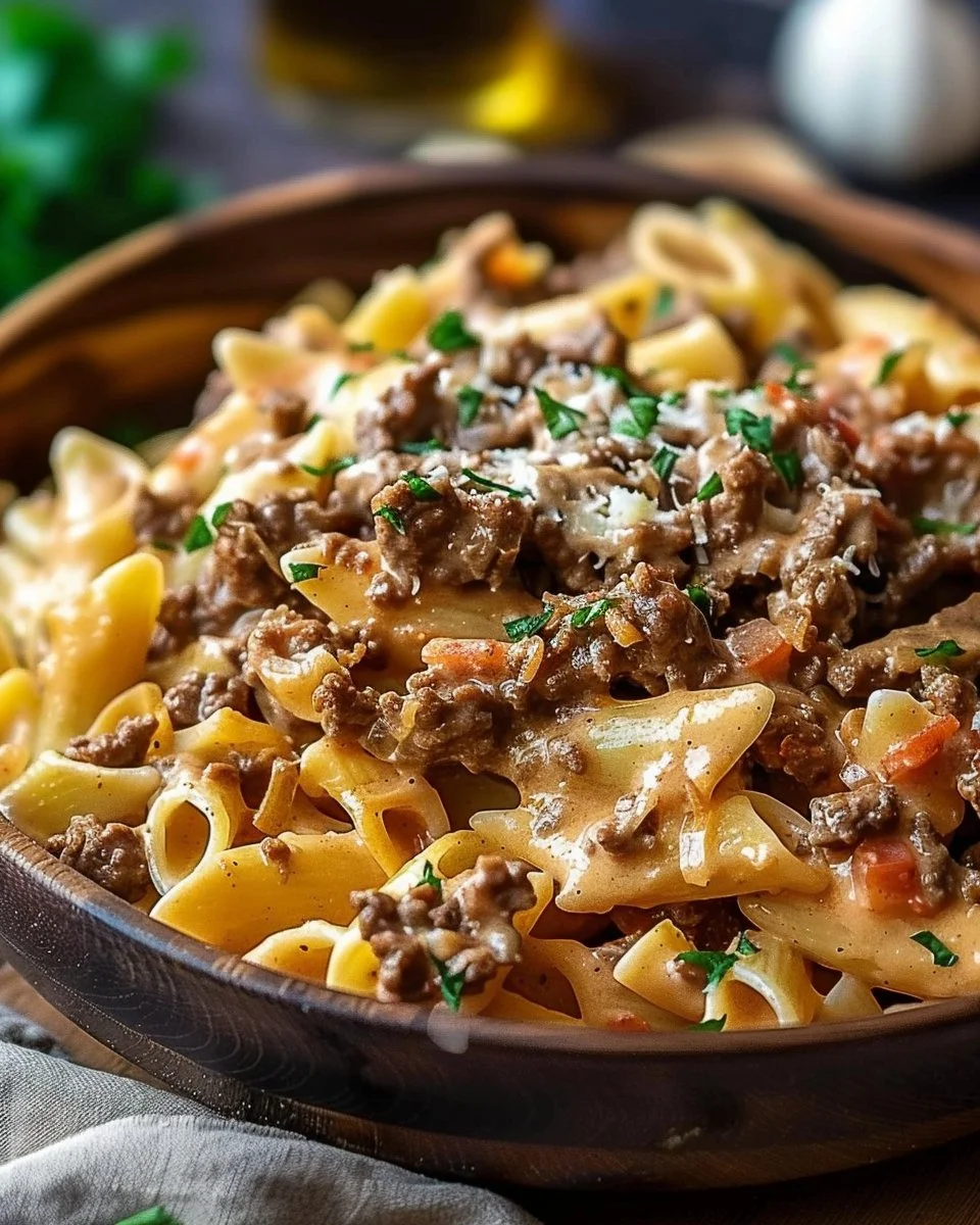 Delicious creamy beef pasta dish topped with herbs and cheese