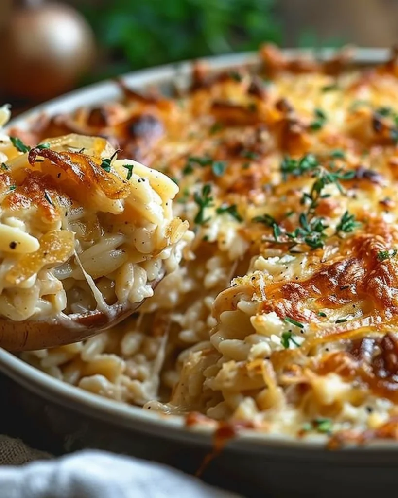 Creamy caramelized onion chicken orzo bake topped with Gruyère cheese
