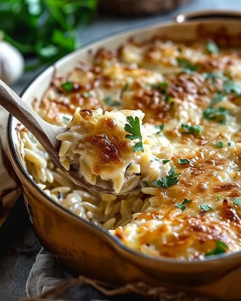 Creamy caramelized onion chicken orzo bake topped with Gruyère cheese