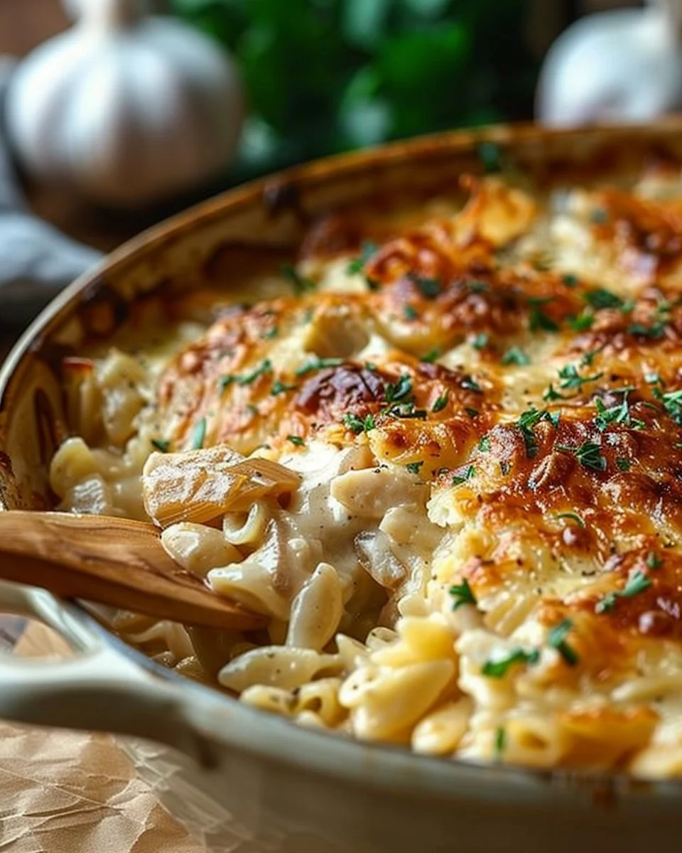 Creamy caramelized onion chicken orzo bake topped with Gruyère cheese