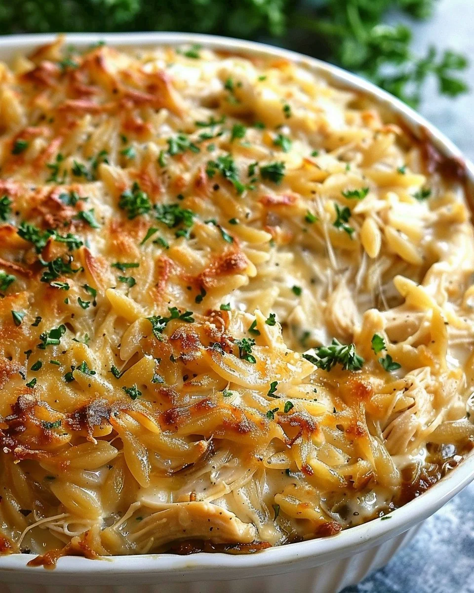 Creamy Caramelized Onion Chicken Orzo Bake with Gruyère