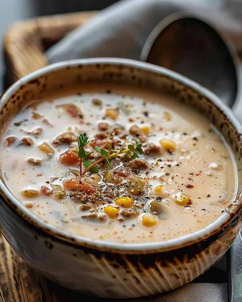 A hearty bowl of Creamy Cowboy Soup with vegetables and spices.