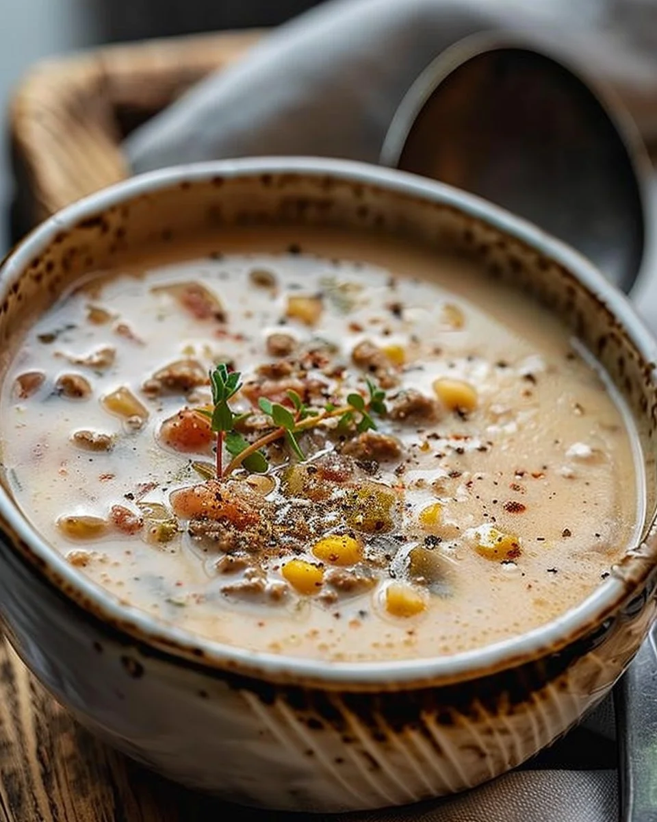 A hearty bowl of Creamy Cowboy Soup with vegetables and spices.