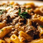Creamy high-protein beef pasta garnished with herbs in a bowl.