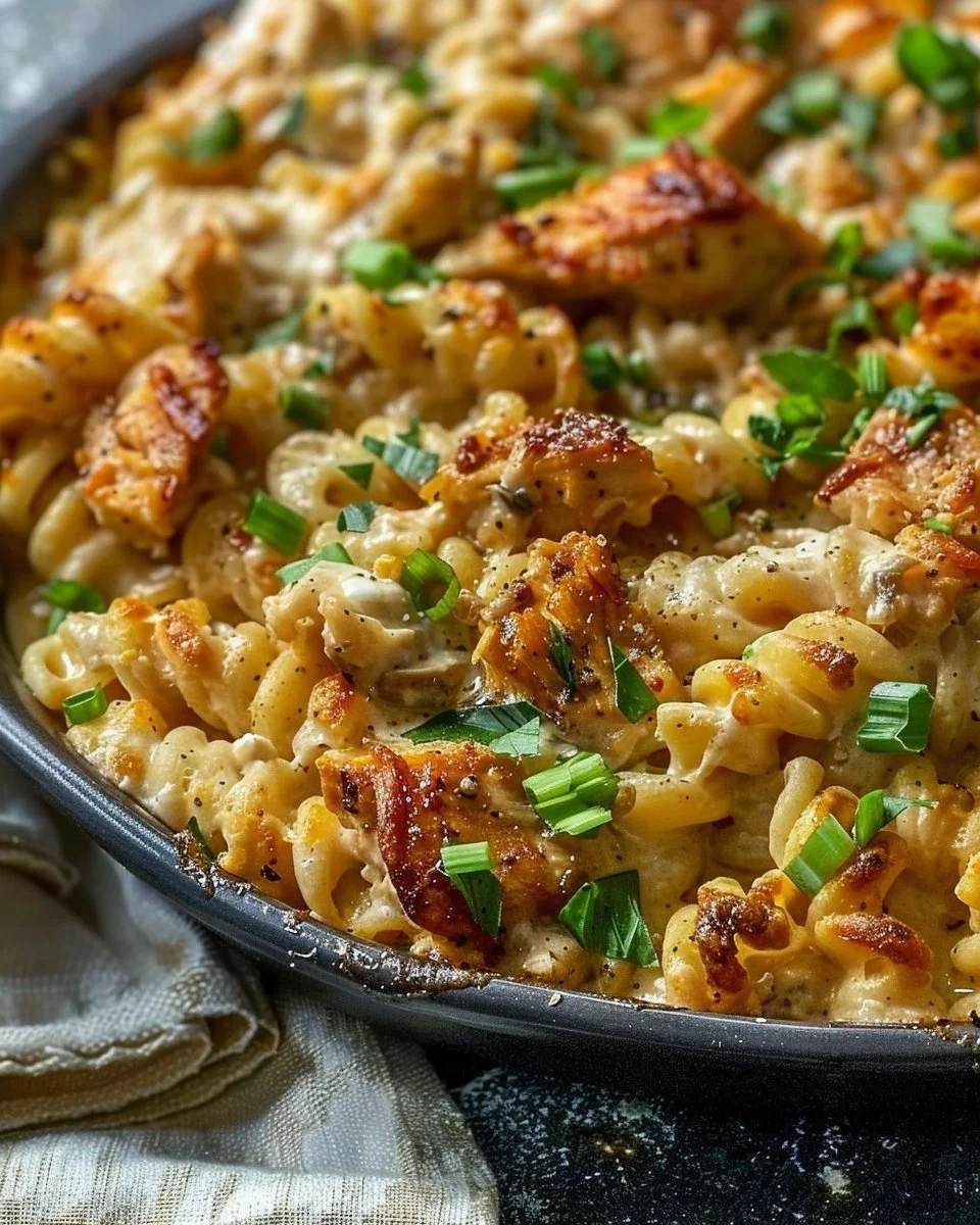 Creamy Jerk Chicken Pasta Bake with Cream Cheese & Scallions