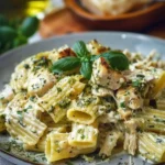 Creamy pesto chicken pasta dish served in a bowl