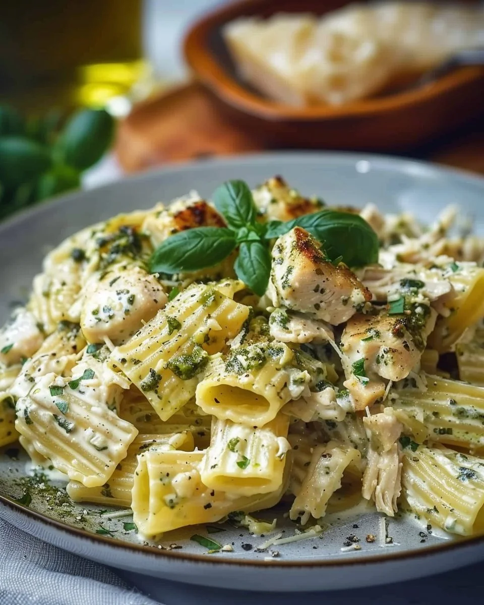 Creamy Pesto Chicken Pasta 1 Creamy pesto chicken pasta dish served in a bowl