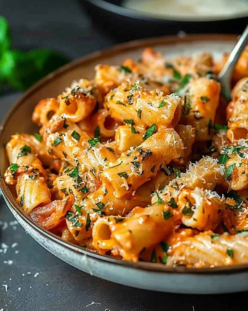 Bowl of creamy tomato garlic pasta with fresh herbs and grated cheese