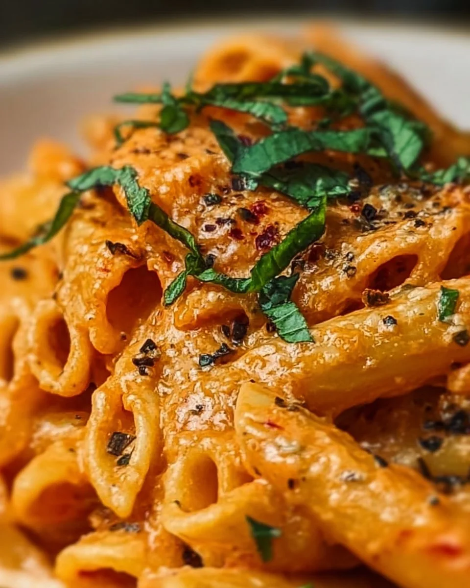 Creamy tomato garlic pasta served on a plate with fresh basil.