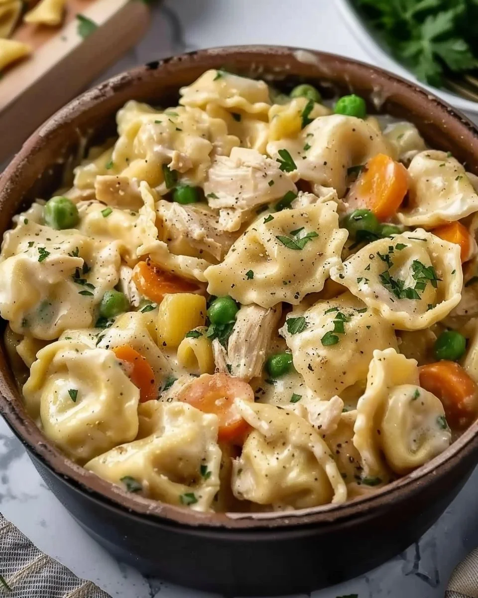 Crockpot Cheddar Chicken Pot Pie with Tortellini - Creamy and delicious meal