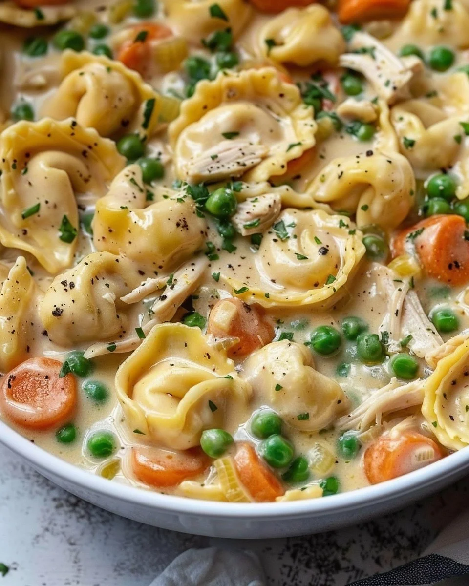 Crockpot Cheddar Chicken Pot Pie Tortellini - Creamy, Cozy & Family-Friendly