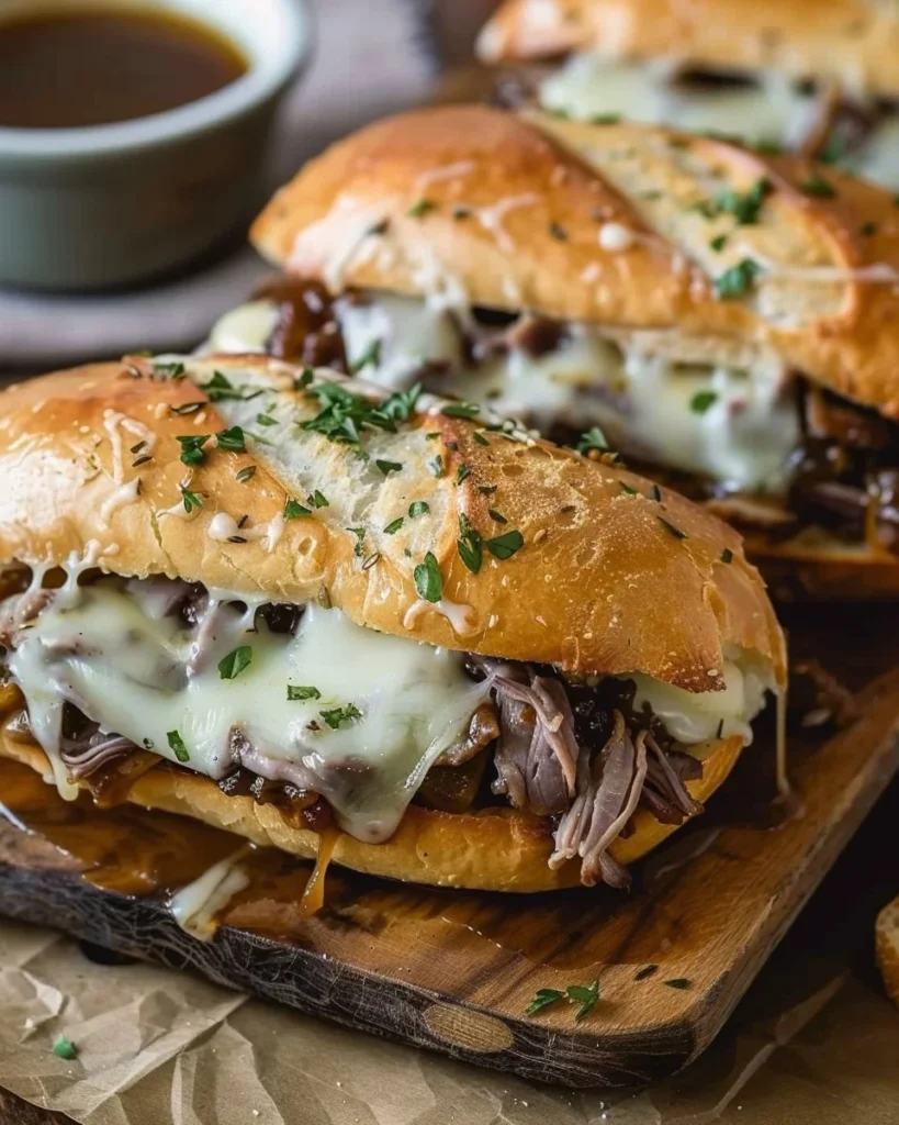 Delicious crockpot French dip sandwiches ready to serve with dipping sauce.